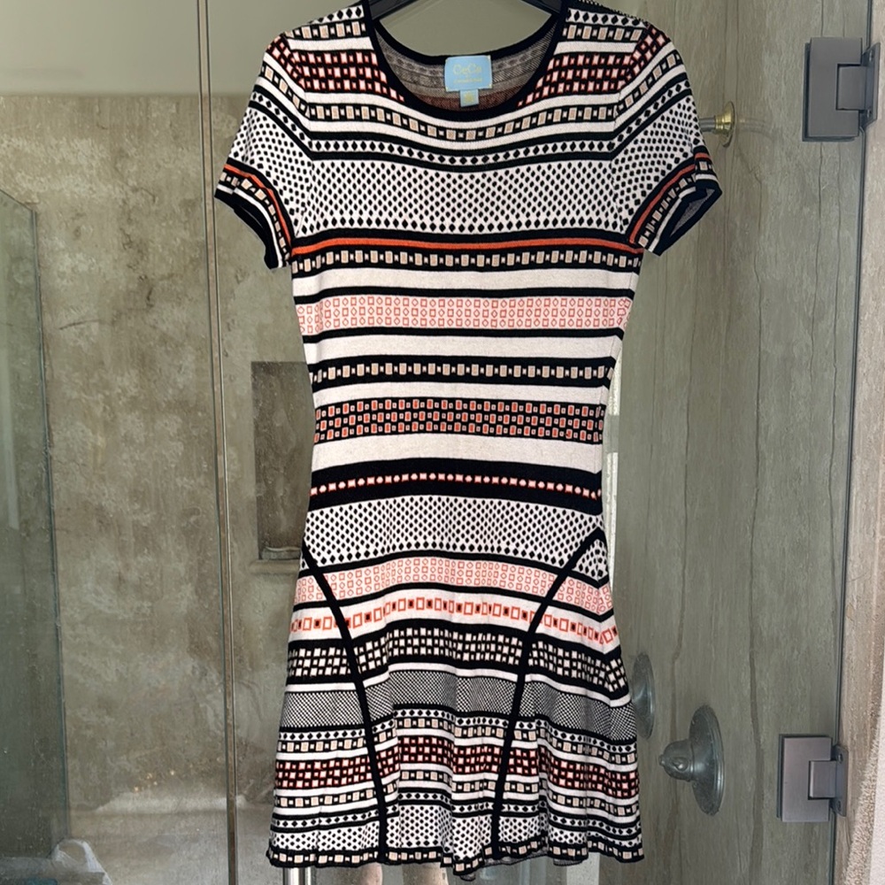 CeCe Black and White Fit and Flare Mini Dress